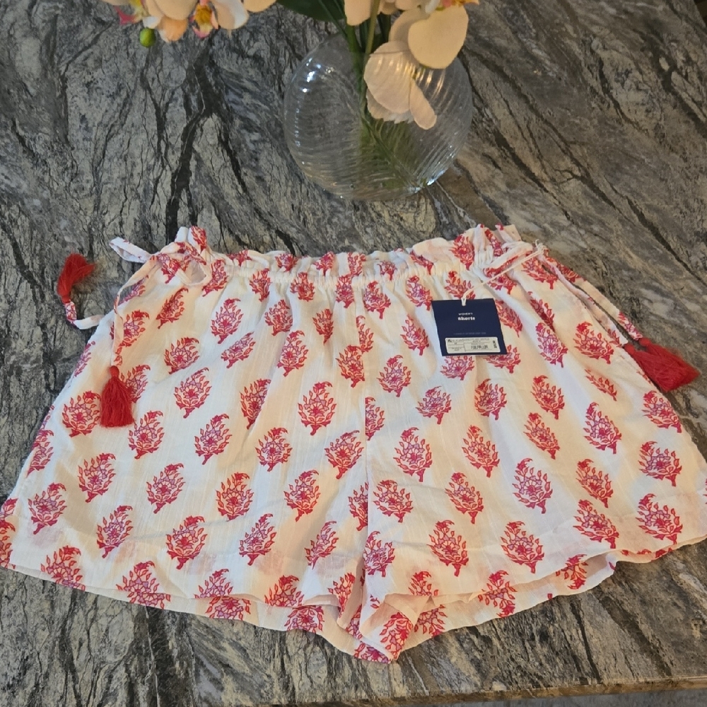 Roller Rabbit White Shorts with Pink Floral Print and Tassel Drawstring